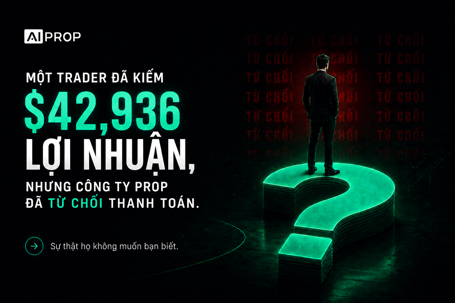 Banner AI Prop 'Một trader đã kiếm $42,936 lợi nhuận, nhưng công ty prop đã từ chối thanh toán' với dấu hỏi phát sáng