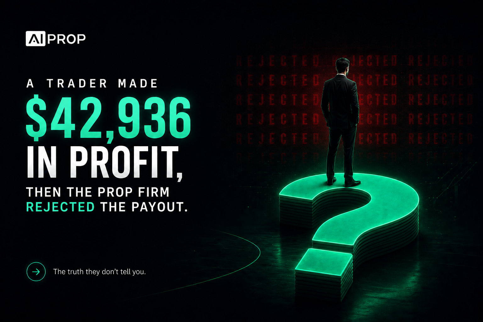 AI Prop banner 'A trader made $42,936 in profit, then the prop firm rejected the payout' with a glowing question mark