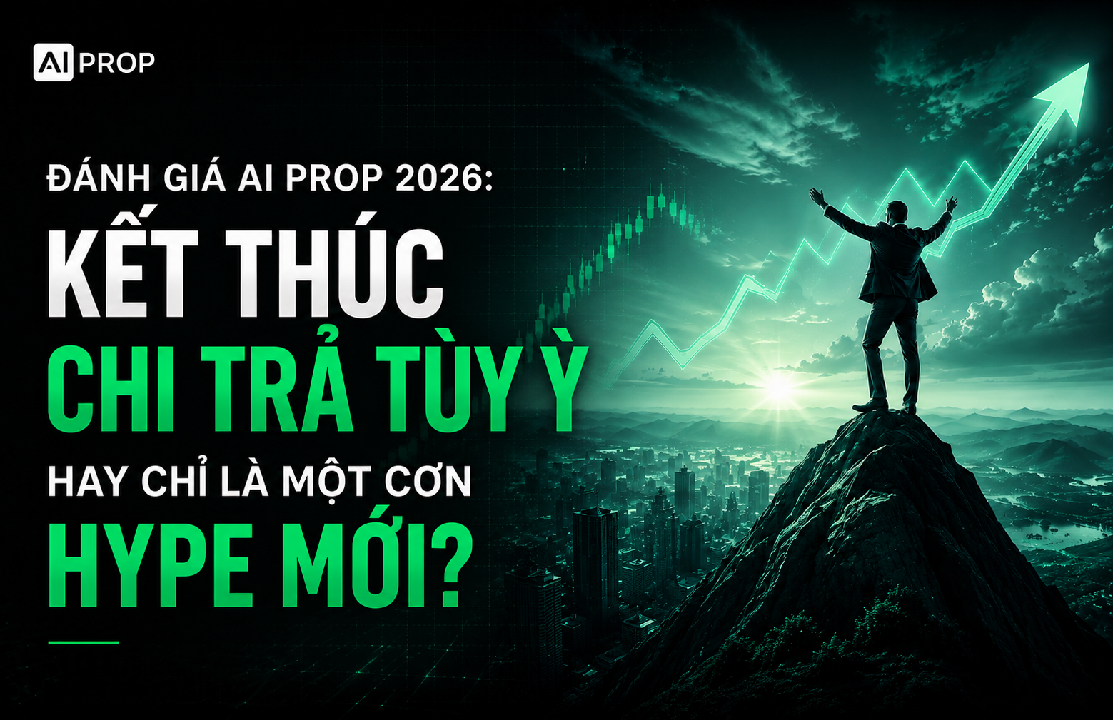 Banner 'Đánh giá AI Prop 2026: Kết thúc chi trả tùy ý hay chỉ là một cơn hype mới?' với người đứng trên đỉnh núi