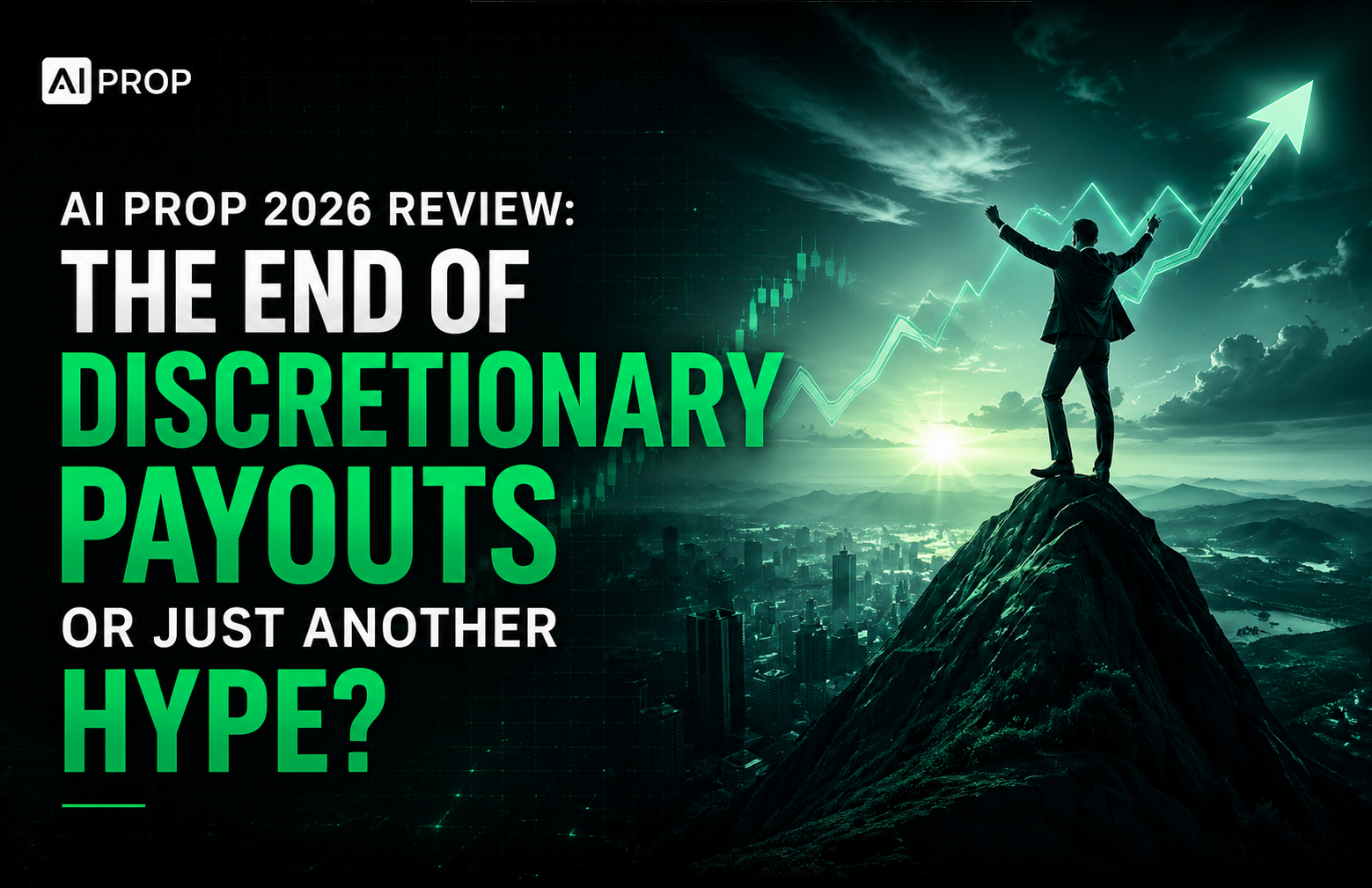 AI Prop 2026 review banner 'The End of Discretionary Payouts or Just Another Hype?' with a man on a peak
