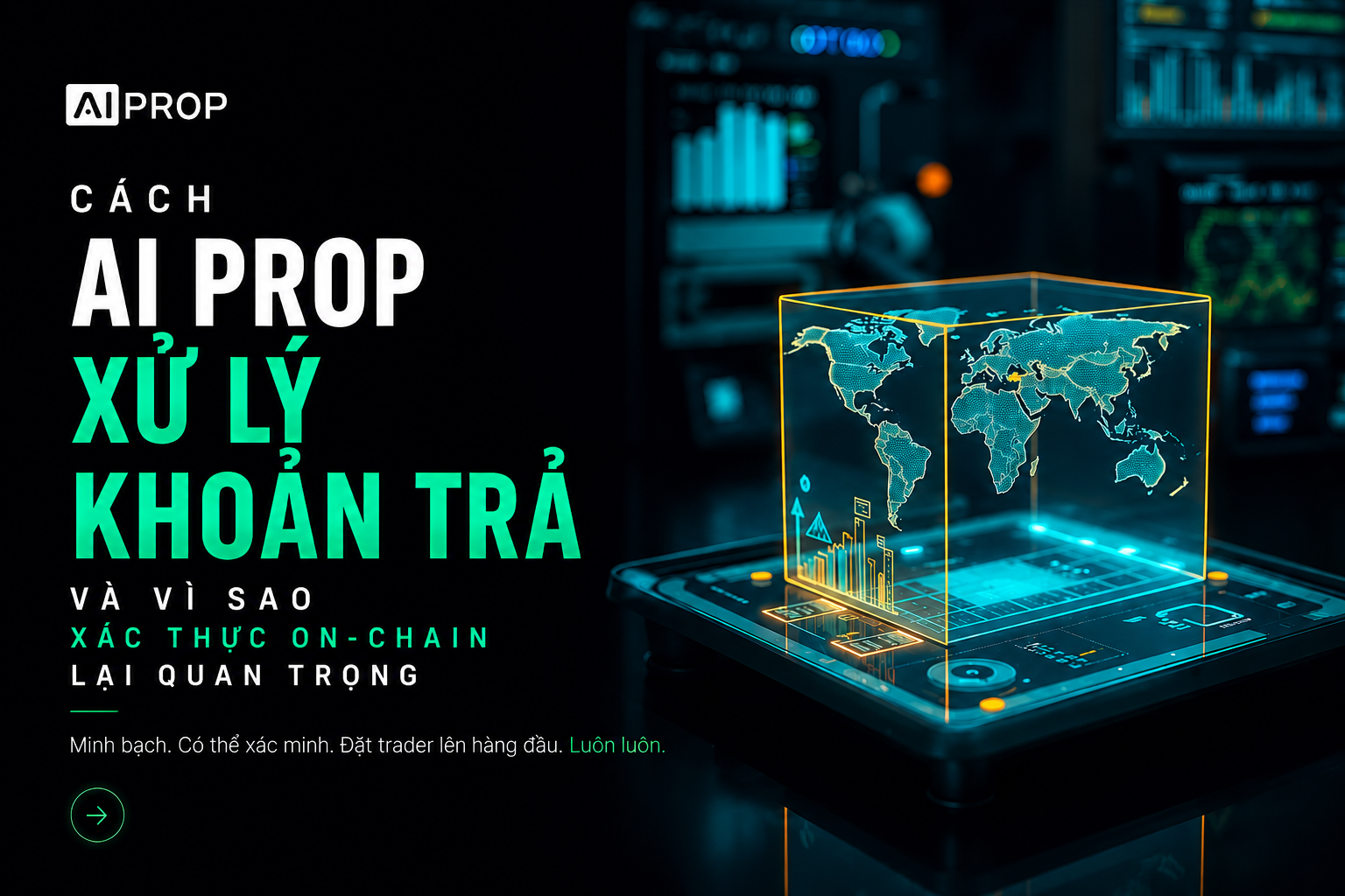 Banner AI Prop 'Cách AI Prop xử lý khoản trả và vì sao xác thực on-chain lại quan trọng' với bản đồ thế giới ba chiều