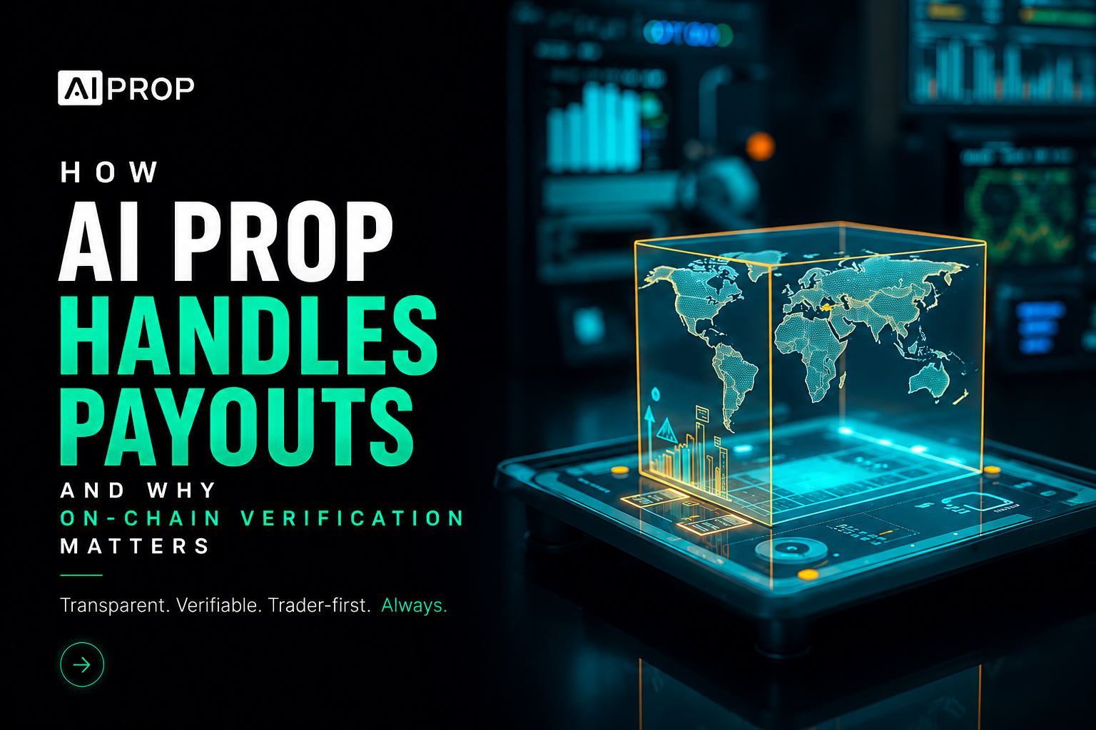 AI Prop banner 'How AI Prop handles payouts and why on-chain verification matters' with a holographic world map