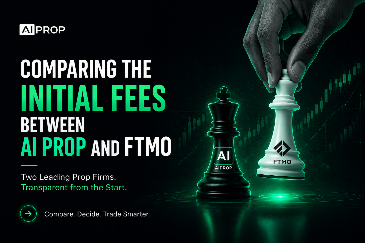 AI Prop banner 'Comparing the Initial Fees Between AI Prop and FTMO' with two chess pieces bearing their logos