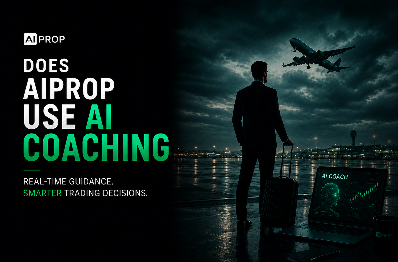 AI Prop banner 'Does AIProp Use AI Coaching?' with a traveler watching a plane take off at an airport