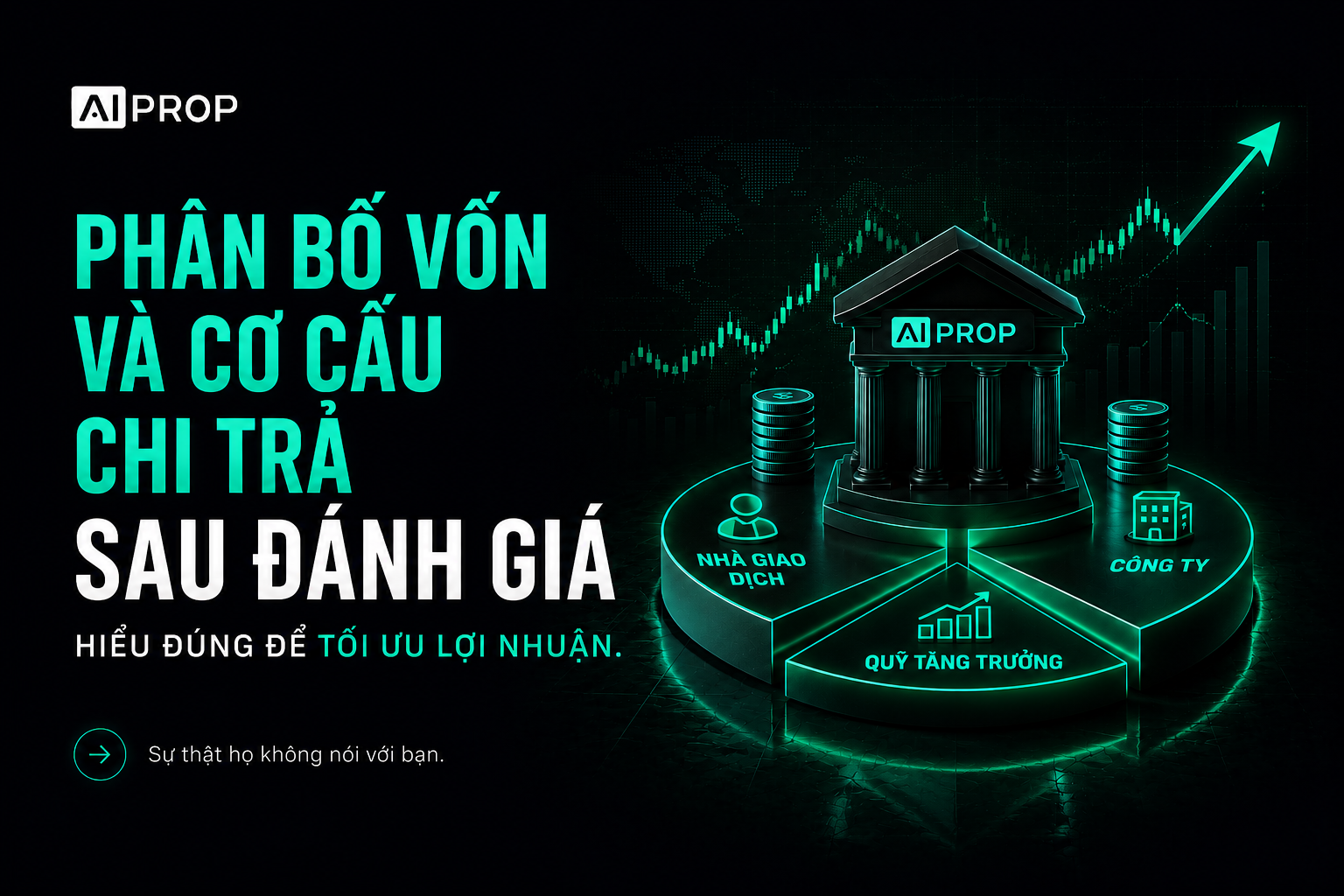 Banner AI Prop 'Phân bổ vốn và cơ cấu chi trả sau đánh giá' với tòa nhà AI Prop phát sáng trên bệ tròn