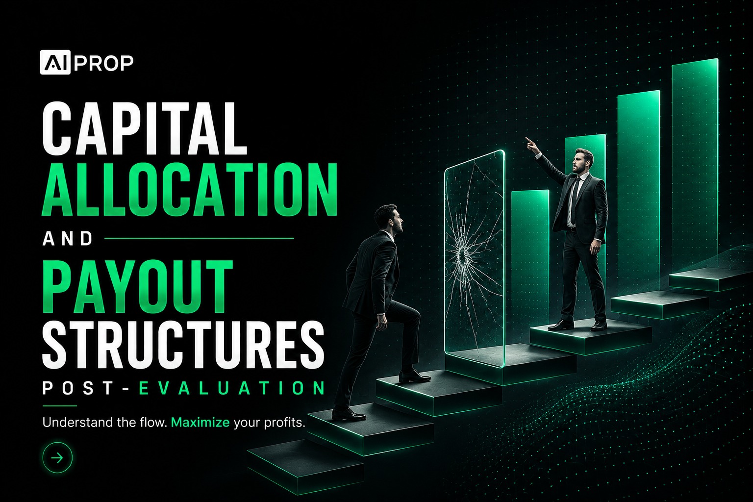 AI Prop banner 'Capital Allocation and Payout Structures Post-Evaluation' with a man climbing glowing steps