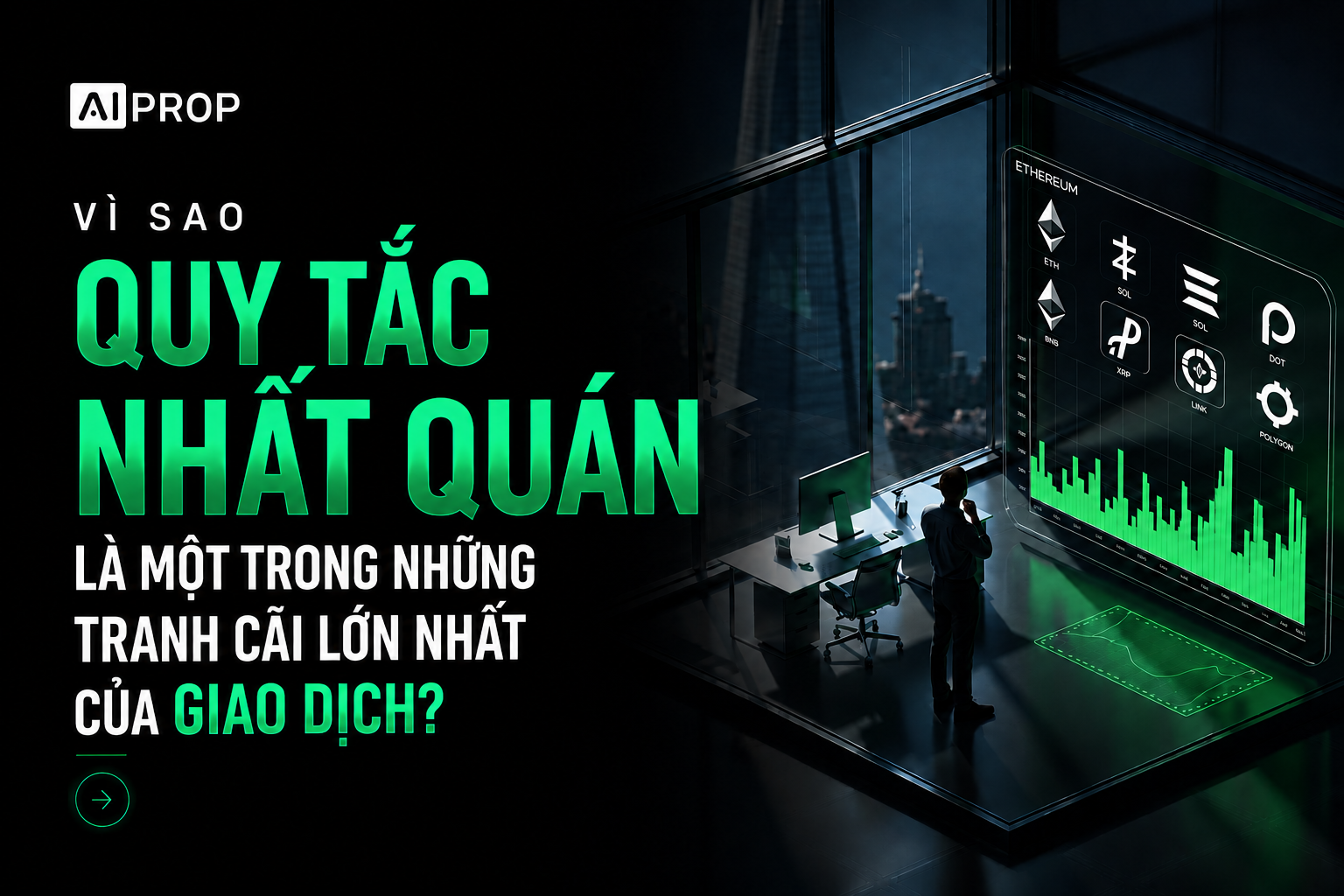 Banner AI Prop 'Vì sao quy tắc nhất quán là một trong những tranh cãi lớn nhất của giao dịch?' với trader trước màn hình