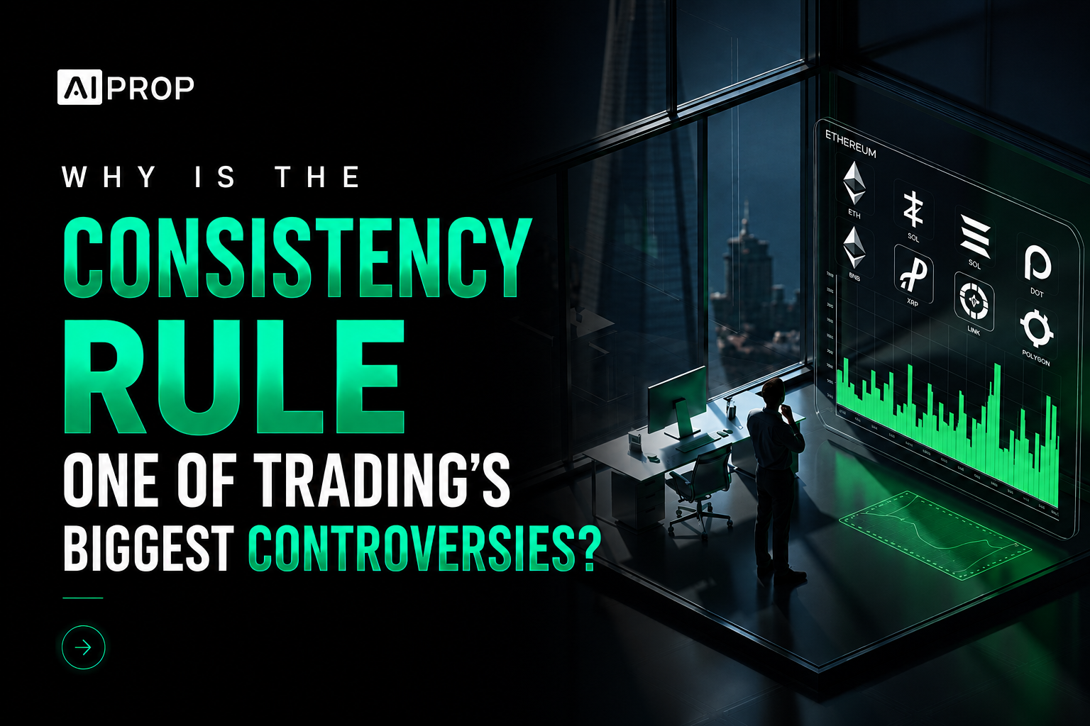 AI Prop banner 'Why Is the Consistency Rule One of Trading's Biggest Controversies?' with a trader at screens