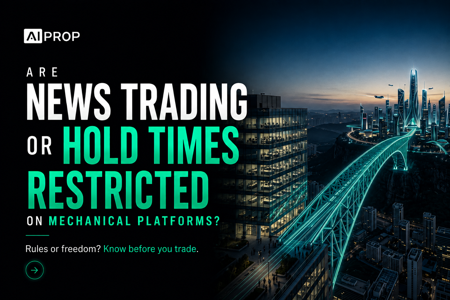 AI Prop banner 'Are news trading or hold times restricted on mechanical platforms?' over a night city bridge