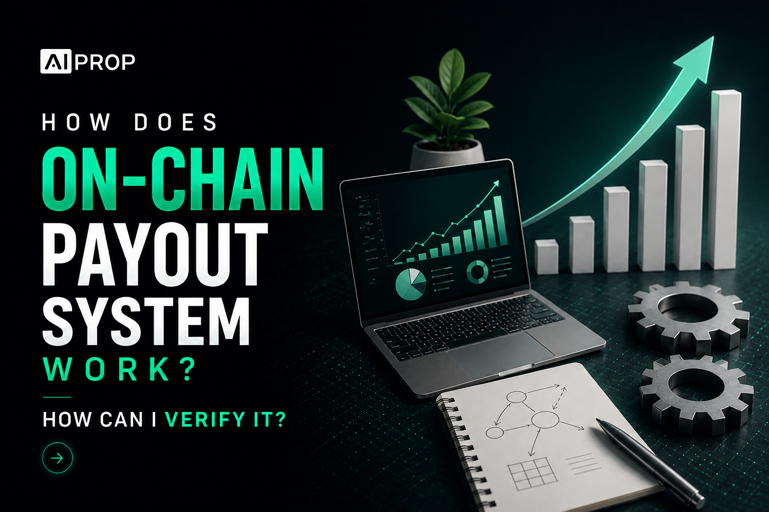 AI Prop banner 'How does the on-chain payout system work? How can I verify it?' with a laptop and rising bars