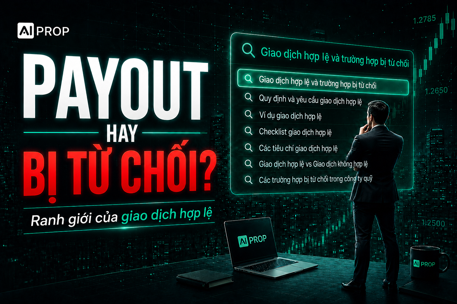 Banner AI Prop 'Payout hay bị từ chối? Ranh giới của giao dịch hợp lệ' với trader đứng trước danh sách quy tắc