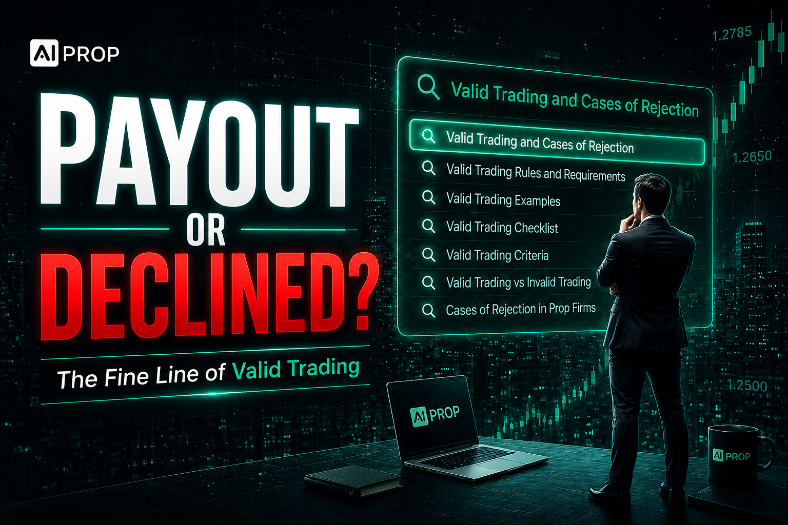 AI Prop banner 'Payout or Declined? The fine line of valid trading' with a trader reviewing a rules checklist
