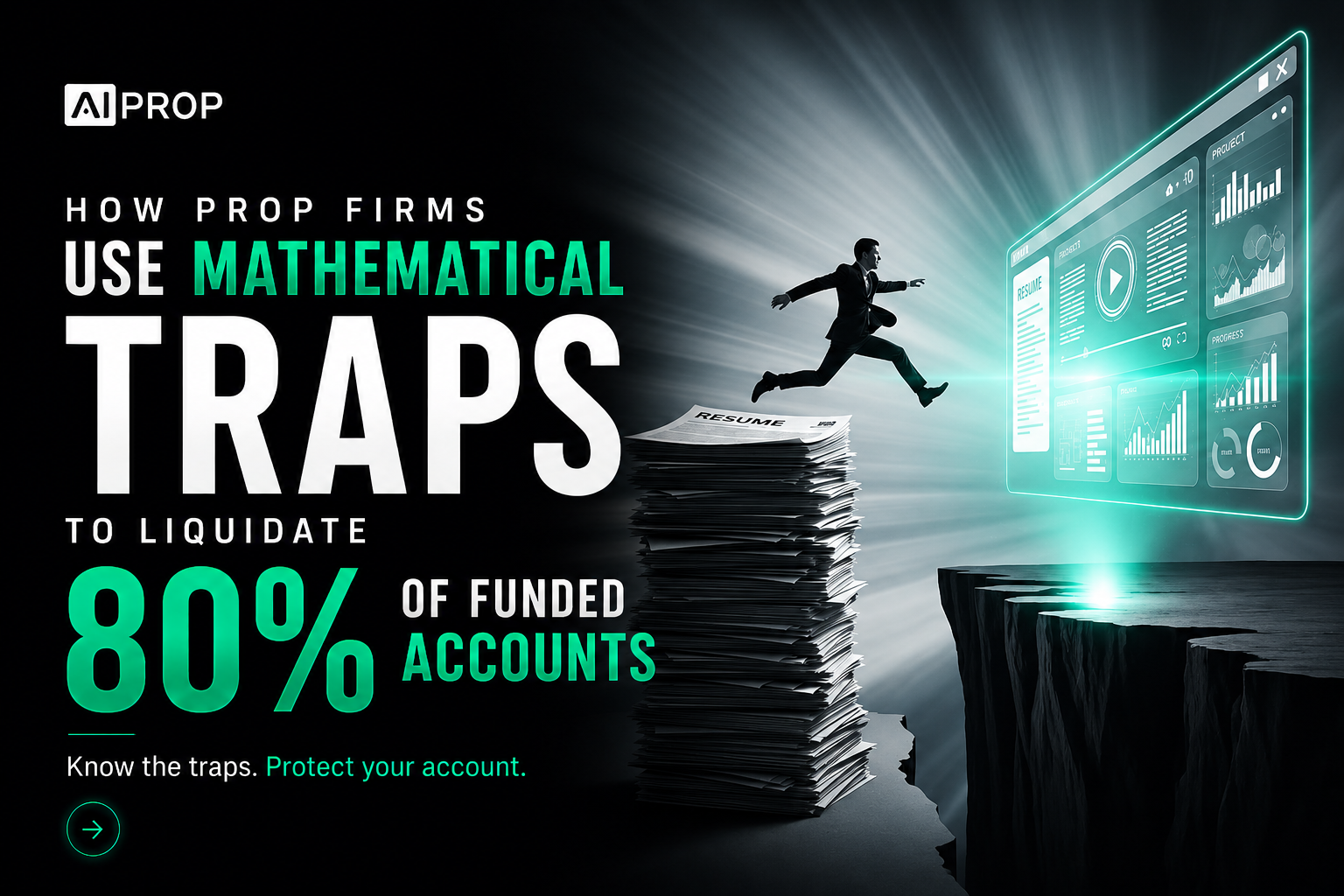 AI Prop banner 'How prop firms use mathematical traps to liquidate 80% of funded accounts' with a leaping figure