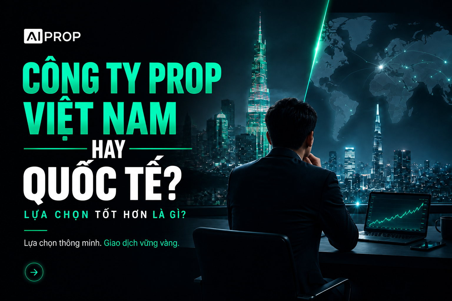 Banner AI Prop 'Công ty prop Việt Nam hay quốc tế? Lựa chọn tốt hơn là gì?' với trader nhìn ra thành phố về đêm