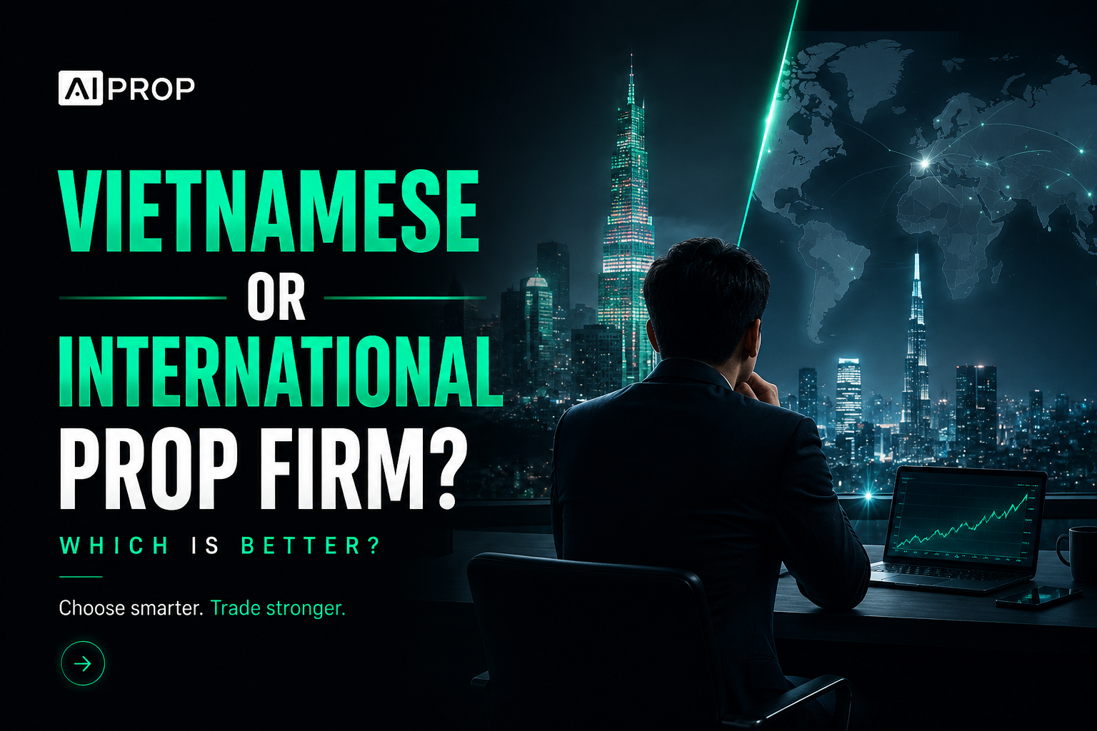 AI Prop banner 'Vietnamese or International Prop Firm? Which Is Better?' with a trader viewing a night city