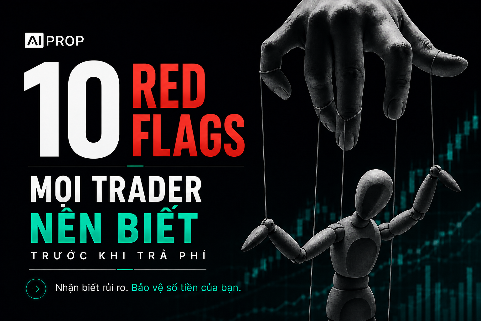 Banner AI Prop '10 red flags mọi trader nên biết trước khi trả phí' với bàn tay điều khiển con rối gỗ