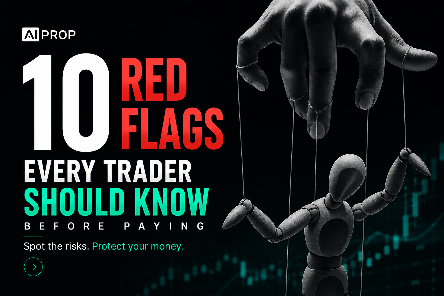 AI Prop banner '10 Red Flags Every Trader Should Know Before Paying' with a hand controlling a wooden puppet