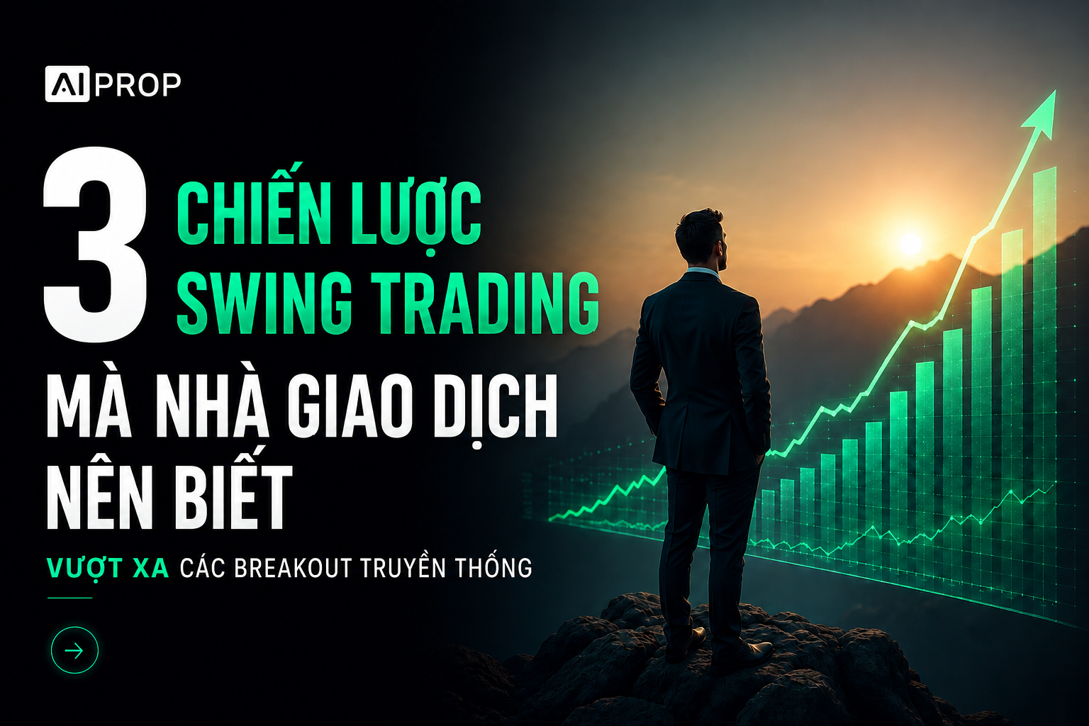 Banner AI Prop '3 chiến lược swing trading mà nhà giao dịch nên biết' với người đứng trên vách đá nhìn biểu đồ tăng