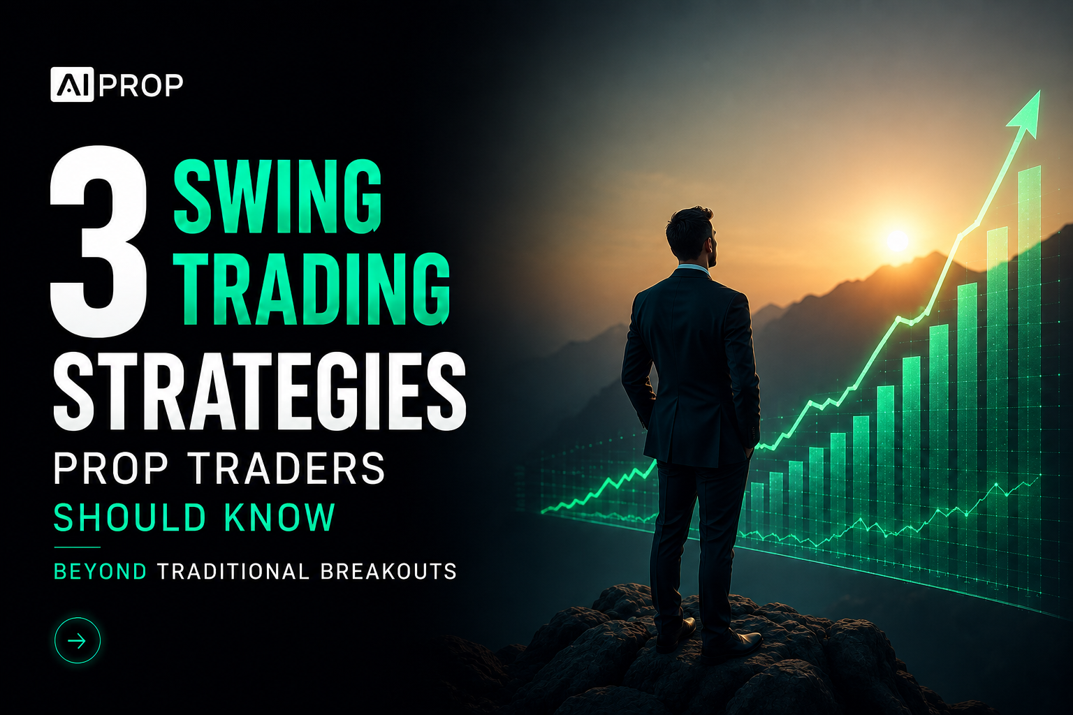 AI Prop banner '3 Swing Trading Strategies Prop Traders Should Know' with a man on a cliff before a rising chart