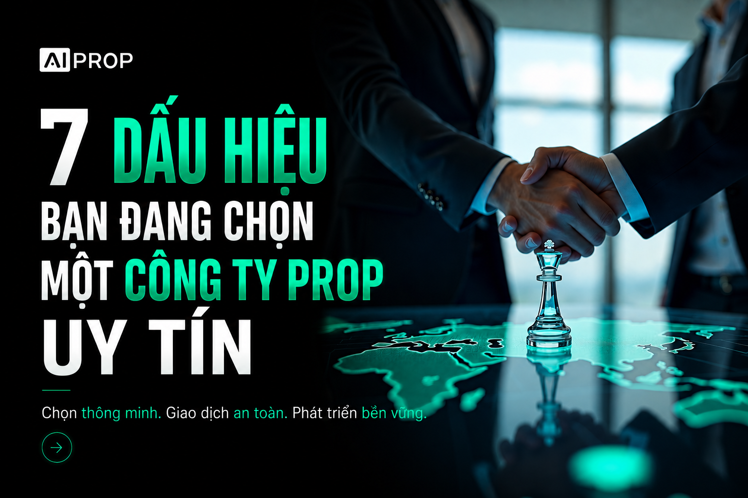 Banner AI Prop '7 dấu hiệu bạn đang chọn một công ty prop uy tín' với cái bắt tay phía trên quân cờ
