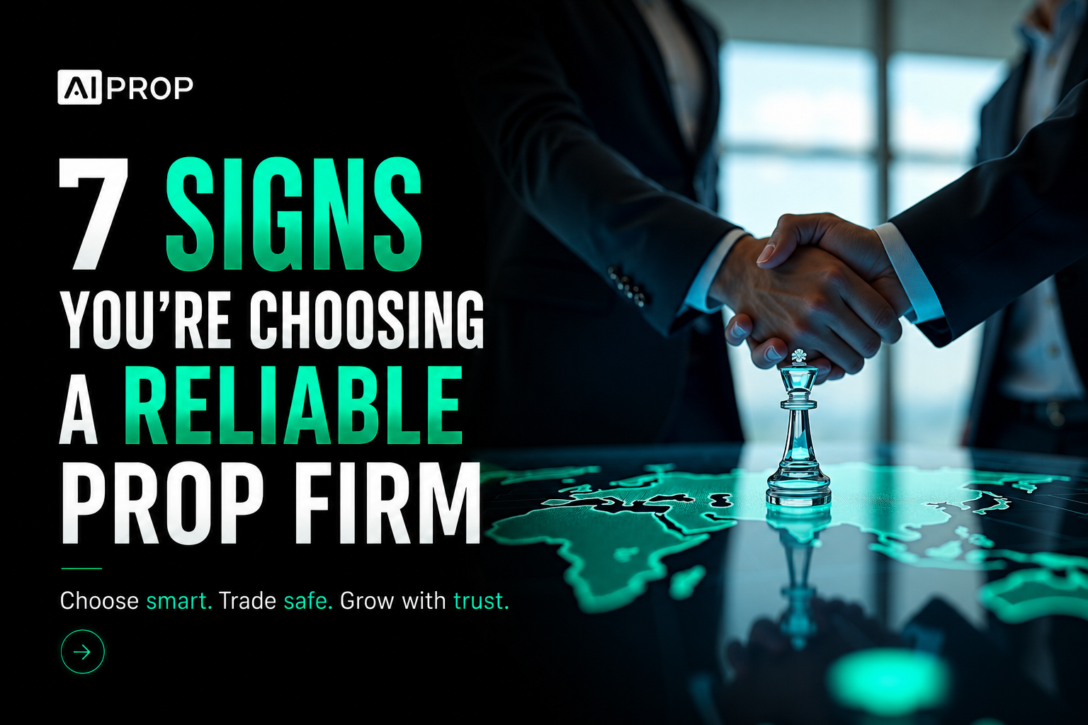 AI Prop banner '7 Signs You're Choosing a Reliable Prop Firm' with a handshake over a chess piece on a map
