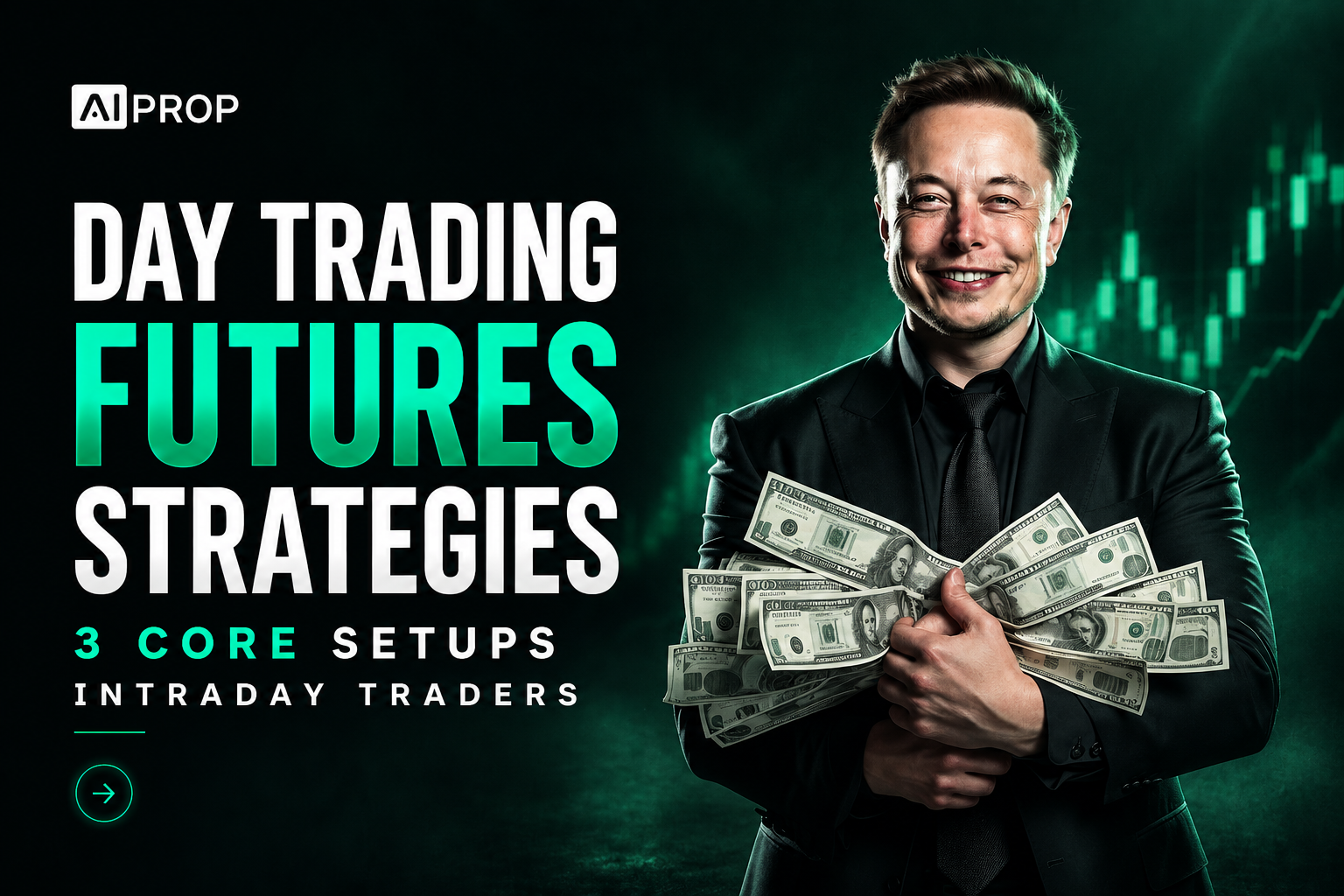 AI Prop banner 'Day Trading Futures Strategies: 3 Core Setups' with a smiling man holding fans of dollar bills