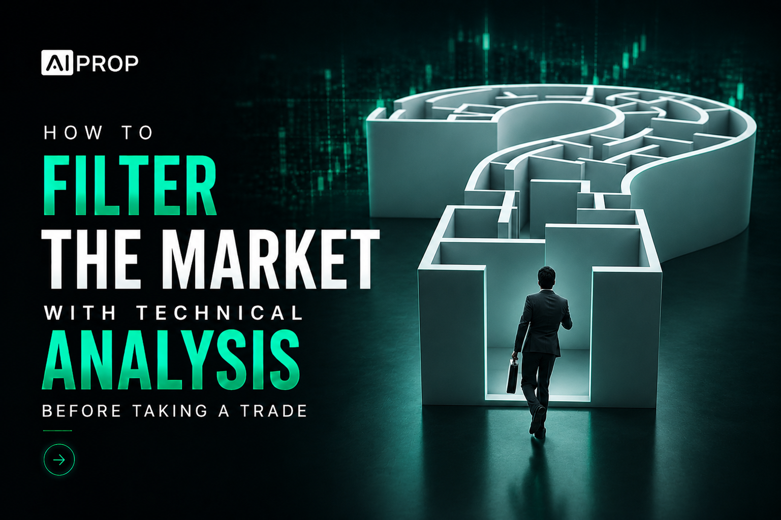 AI Prop banner 'How to Filter the Market With Technical Analysis Before Taking a Trade' with a question-mark maze
