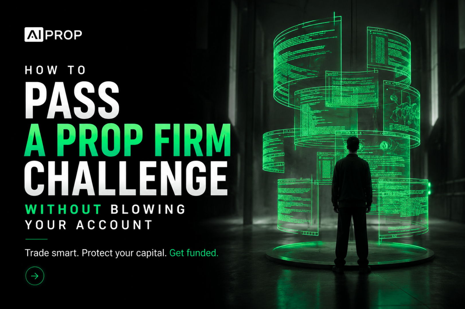 AI Prop banner 'How to Pass a Prop Firm Challenge Without Blowing Your Account' with a man before glowing data rings
