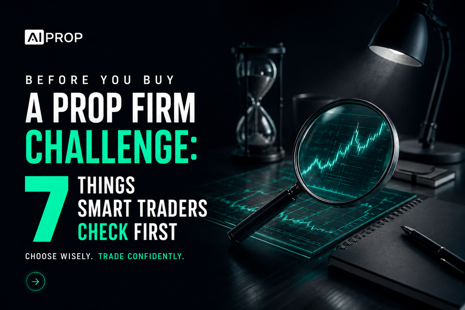 AI Prop banner 'Before You Buy a Prop Firm Challenge: 7 Things Smart Traders Check First' with a magnifier and hourglass