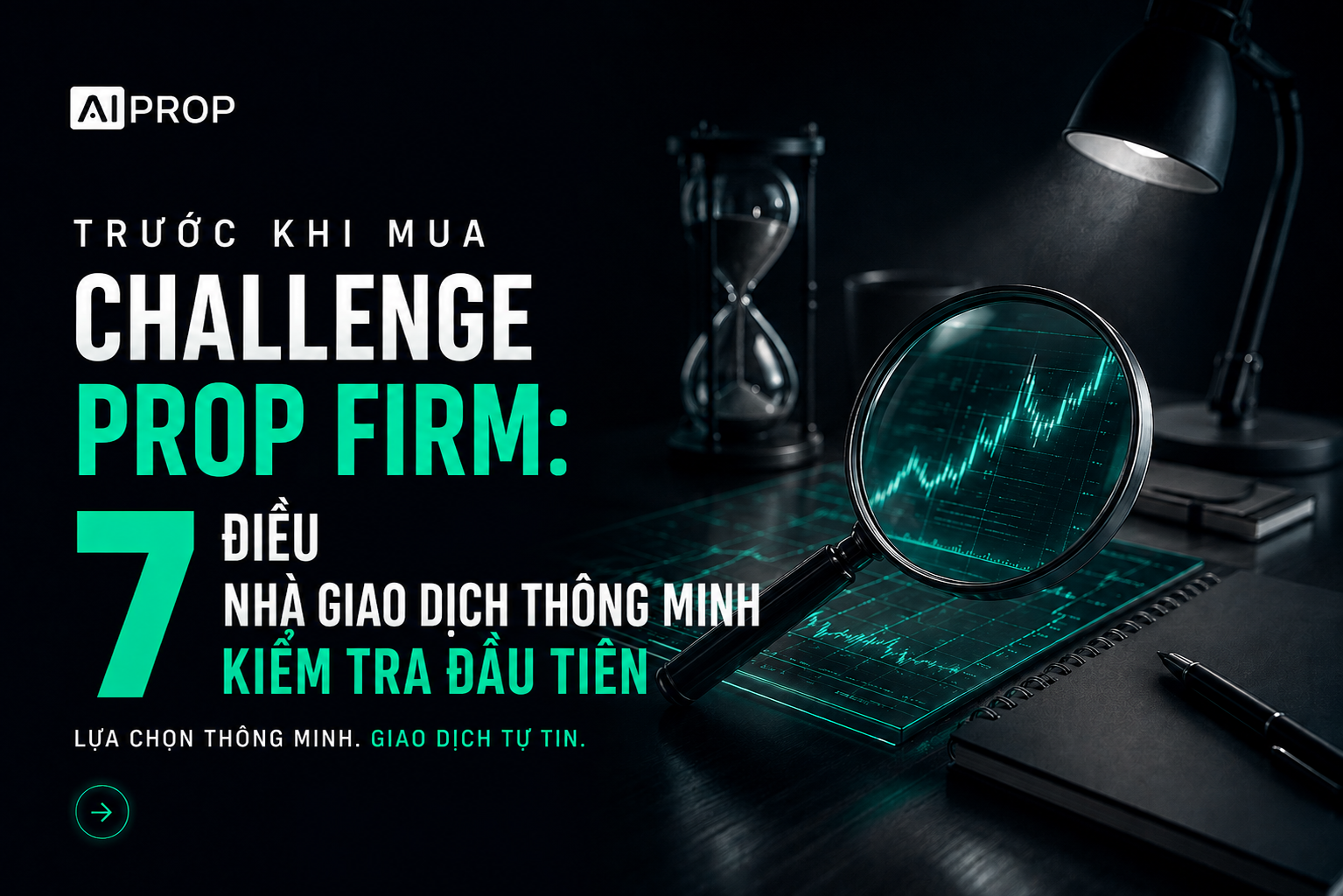 Banner AI Prop 'Trước khi mua challenge prop firm: 7 điều nhà giao dịch thông minh kiểm tra đầu tiên' với kính lúp