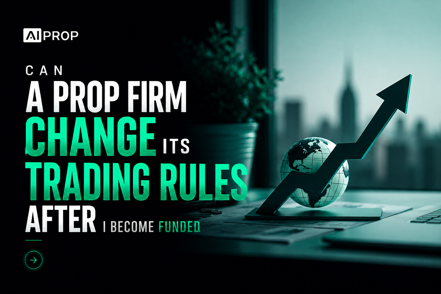 AI Prop banner 'Can a prop firm change its trading rules after I become funded?' with a globe and rising arrow