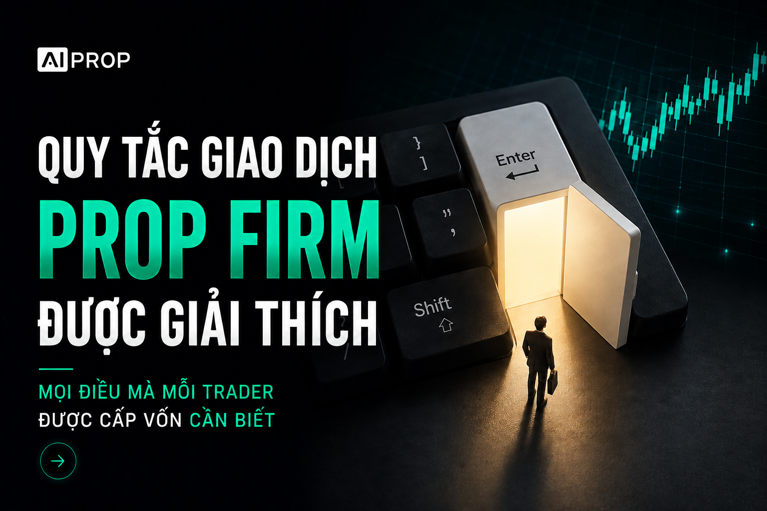 Banner AI Prop 'Quy tắc giao dịch prop firm được giải thích' với người tí hon trước phím Enter phát sáng