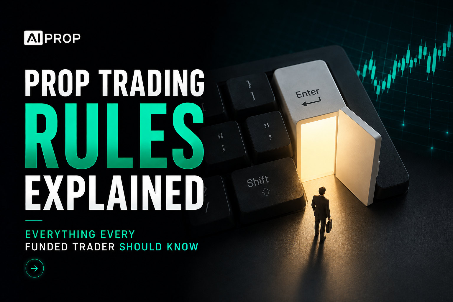AI Prop banner 'Prop Trading Rules Explained' with a small figure before a glowing Enter key on a keyboard