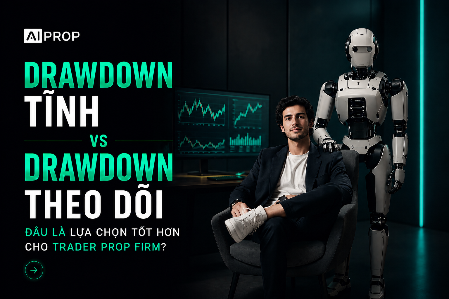 Banner AI Prop 'Drawdown tĩnh vs drawdown theo dõi: đâu là lựa chọn tốt hơn?' với người ngồi cạnh robot