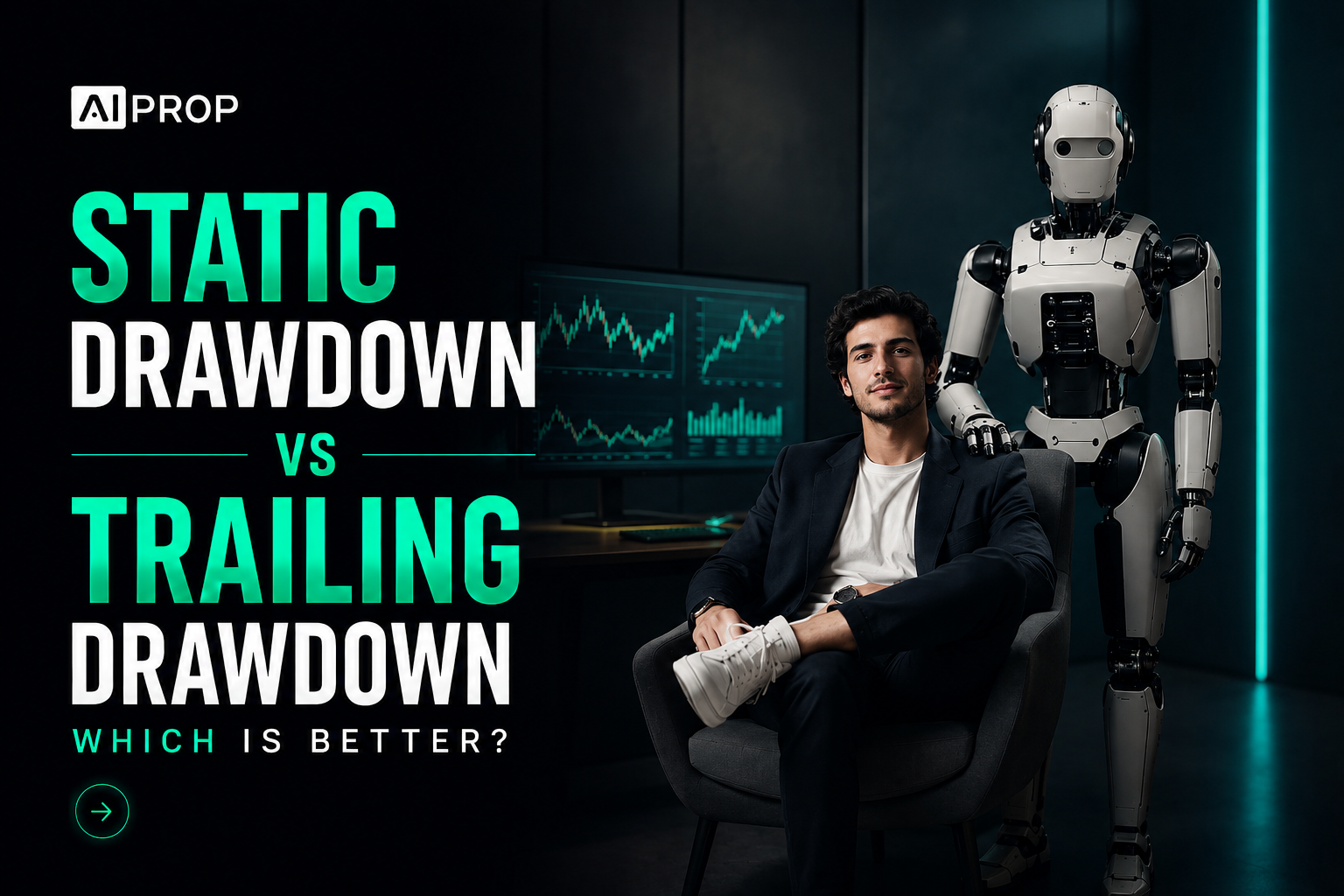 AI Prop banner 'Static Drawdown vs Trailing Drawdown: Which Is Better?' with a man seated beside a robot
