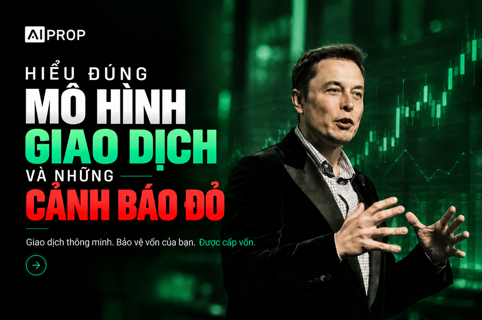 Banner AI Prop 'Hiểu đúng mô hình giao dịch và những cảnh báo đỏ' với người đàn ông mặc vest đang nói và ra hiệu