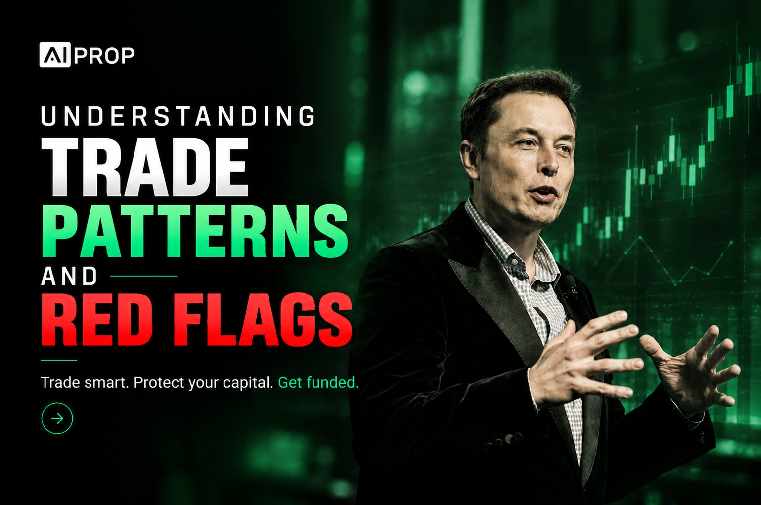 AI Prop banner 'Understanding Trade Patterns and Red Flags' with a man in a dark suit gesturing as he speaks