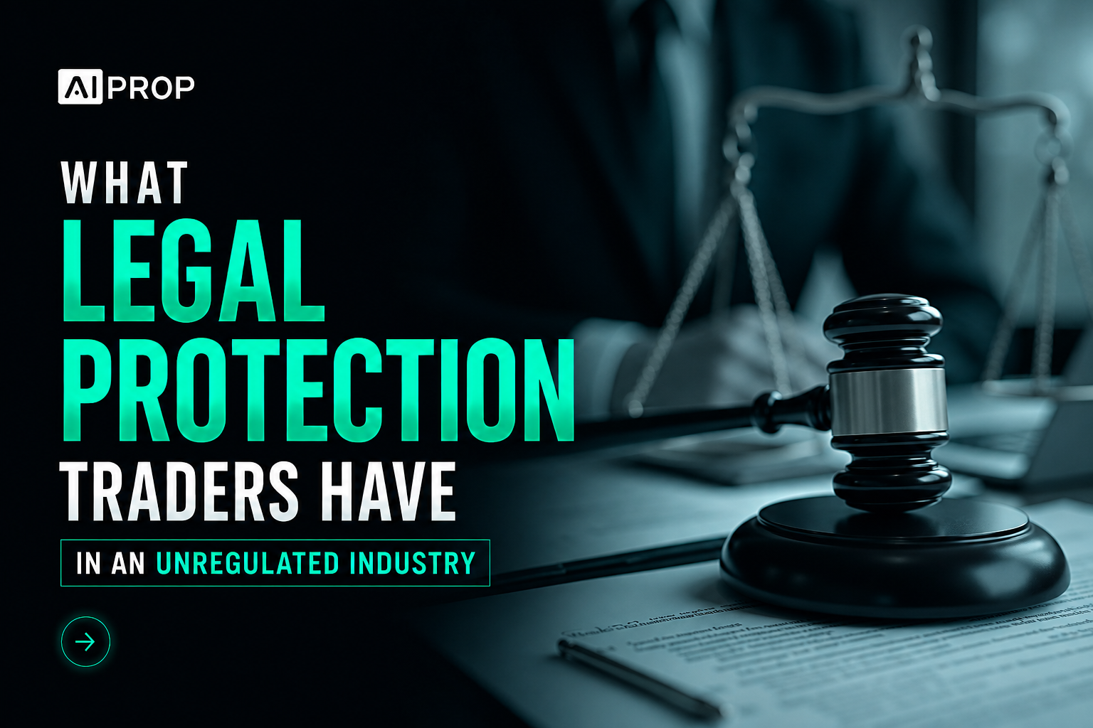 AI Prop banner 'What legal protection traders have in an unregulated industry' with a judge's gavel and scales