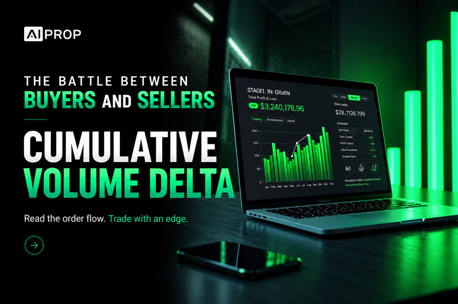 AI Prop banner 'The Battle Between Buyers and Sellers: Cumulative Volume Delta' with a laptop showing volume bars