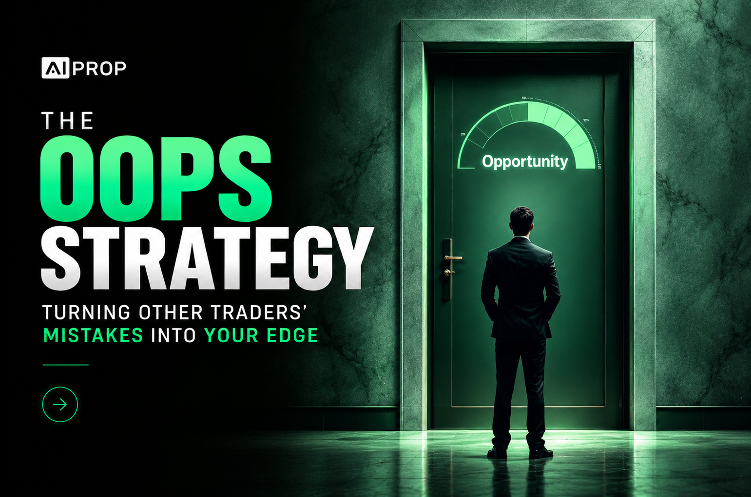 AI Prop banner 'The OOPS Strategy: Turning Other Traders' Mistakes Into Your Edge' with a man at an Opportunity door