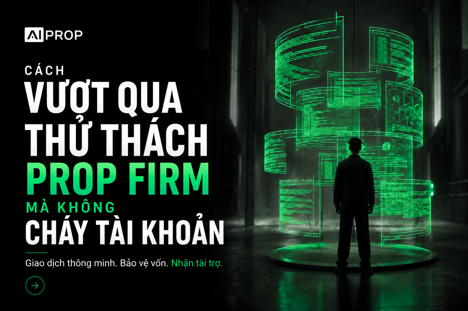 Banner AI Prop 'Cách vượt qua thử thách prop firm mà không cháy tài khoản' với người đứng trước các vòng dữ liệu phát sáng