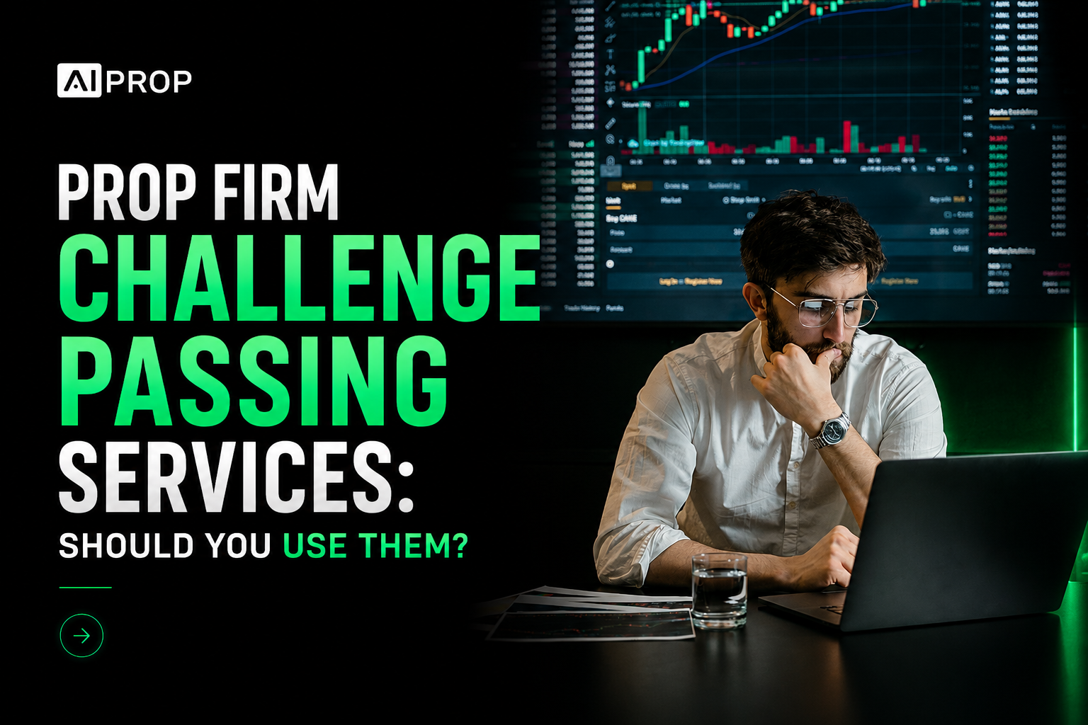 AI Prop banner 'Prop Firm Challenge Passing Services: Should You Use Them?' with a pensive man at a laptop