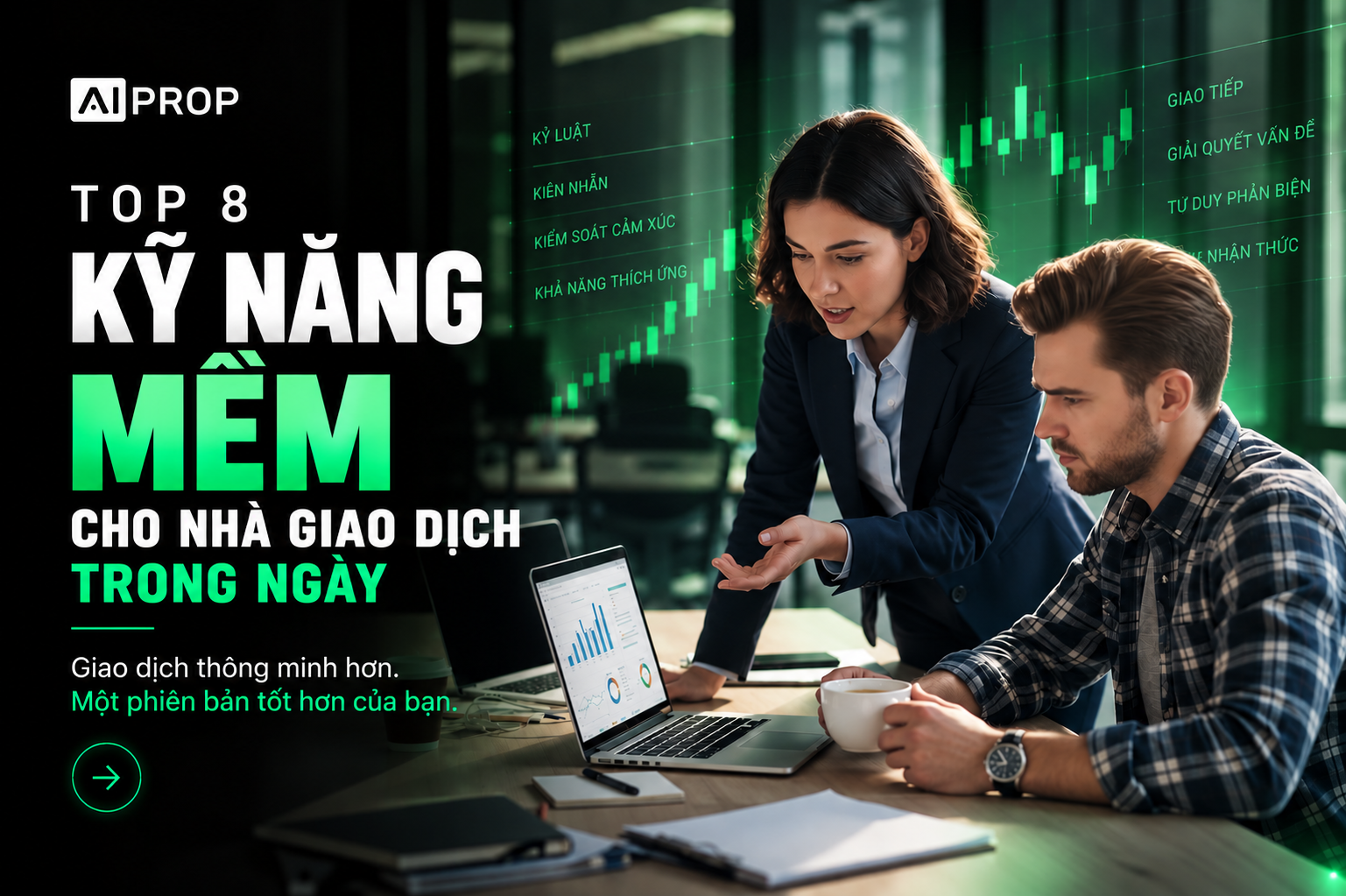 Banner AI Prop 'Top 8 kỹ năng mềm cho nhà giao dịch trong ngày' với hai trader cùng xem biểu đồ trên laptop