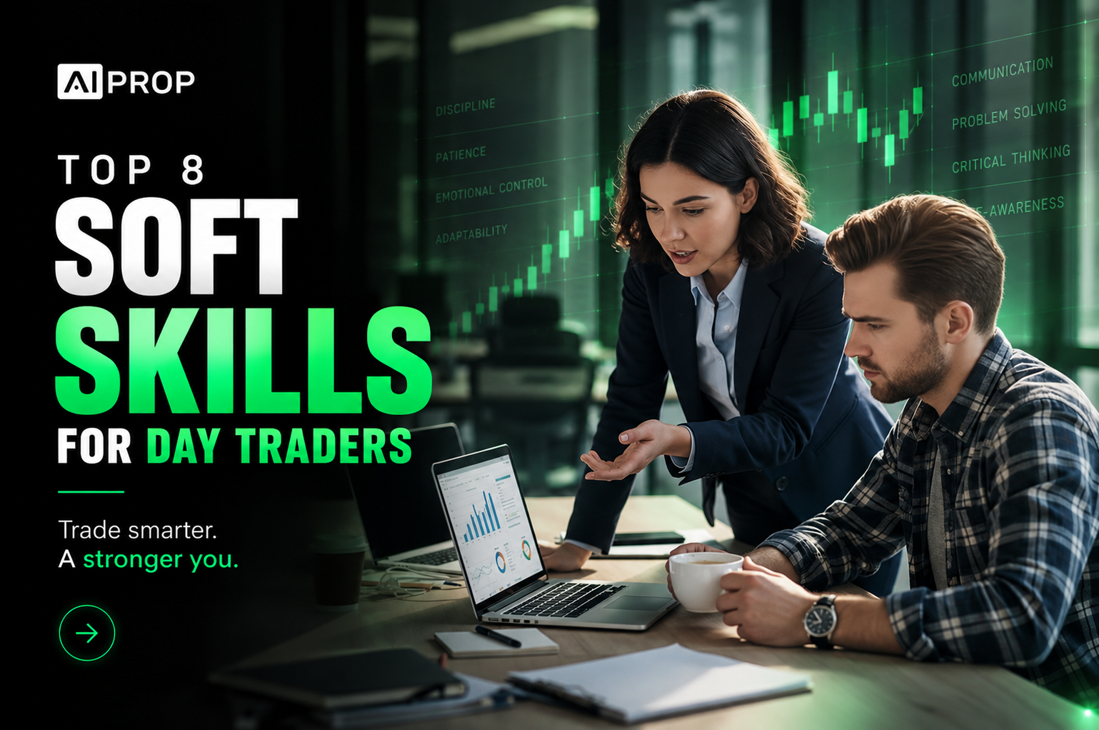 AI Prop banner 'Top 8 Soft Skills for Day Traders' with two traders discussing a chart on a laptop